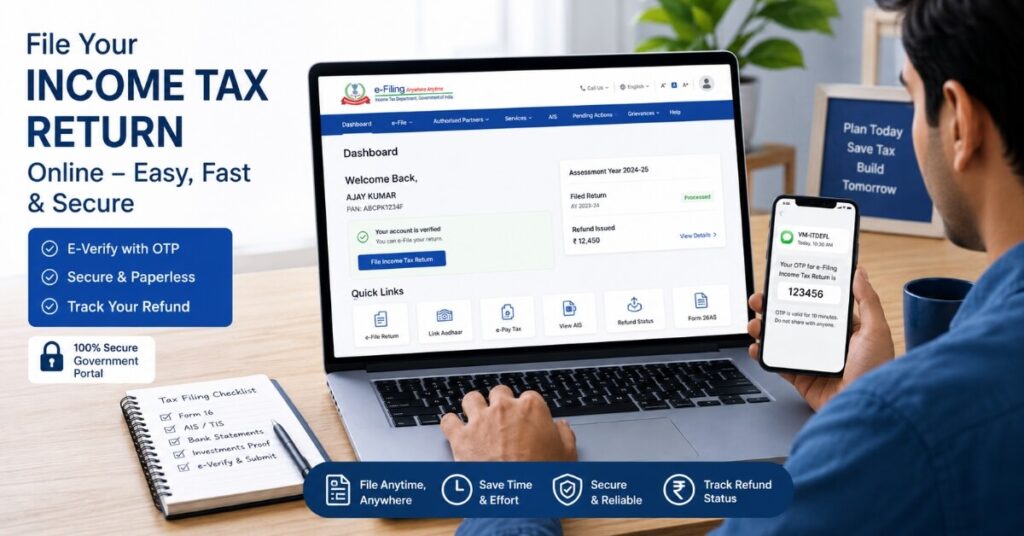 how to e-verify income tax return online using Aadhaar OTP on laptop
