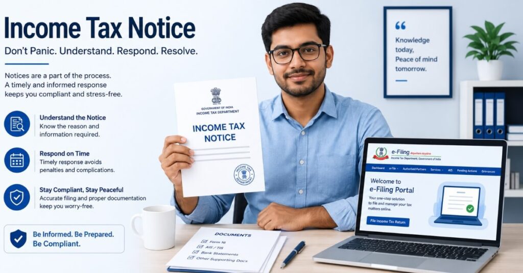 How to respond to income tax notice — a person reviewing a tax notice at a desk