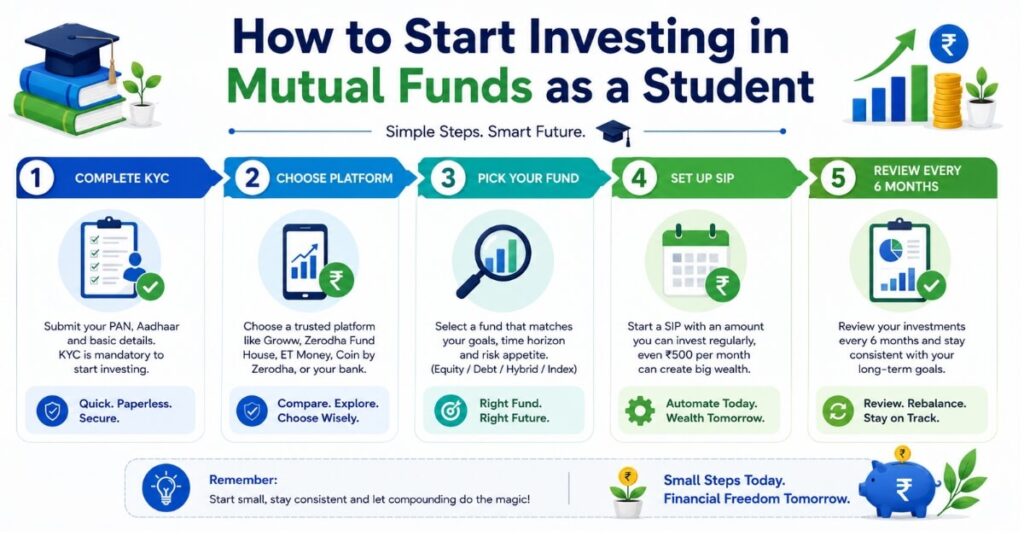 5 steps to start investing in mutual funds as a student — KYC, platform, fund selection, SIP setup and review
