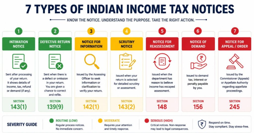Types of income tax notice in India — Section 143, 139, 142, 148, 156, 245