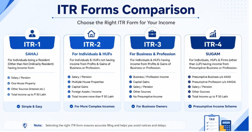 which ITR form to choose 2026 ITR-1 ITR-2 ITR-3 ITR-4 guide