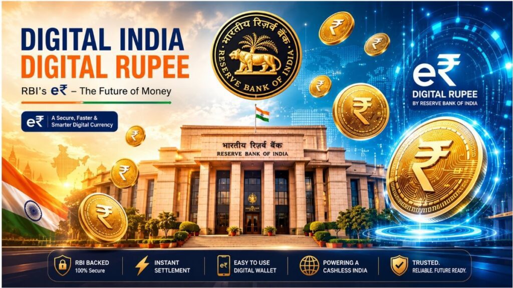 RBI building with Digital Rupee coins representing India's official digital currency