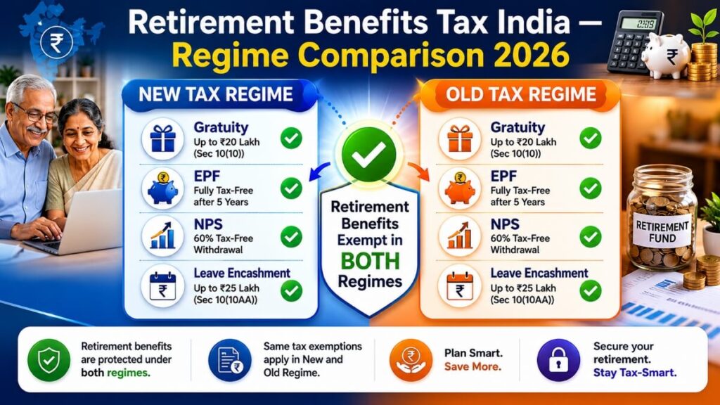 retirement benefits tax India new vs old tax regime comparison 2026 gratuity EPF NPS exempt both regimes