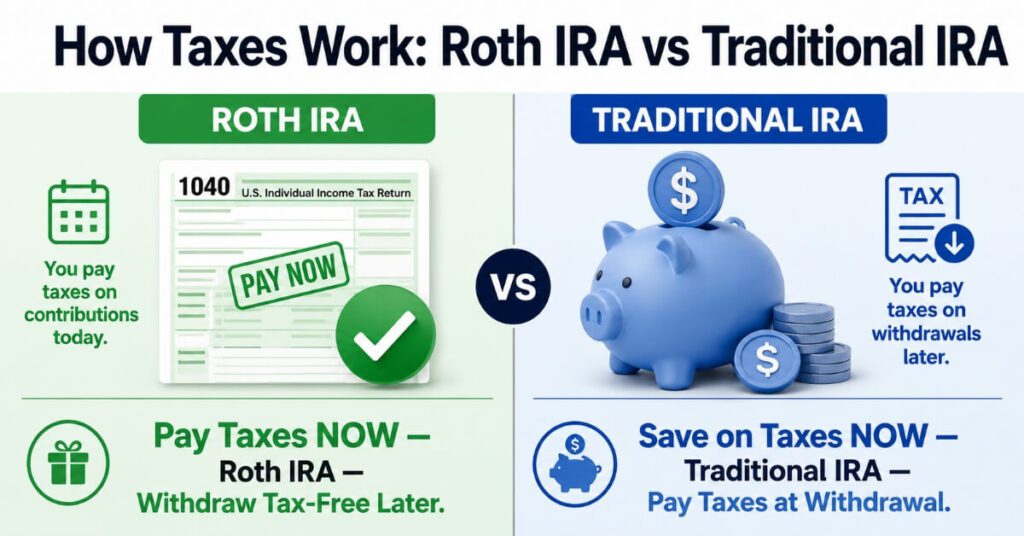 Comparison infographic explaining the tax differences between Roth IRA and Traditional IRA, including tax-free withdrawals, tax deductions, contribution taxes, and retirement withdrawal rules in 2026.