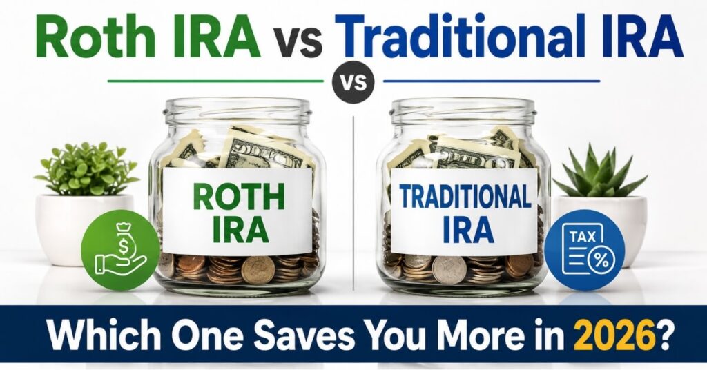 Comparison of Roth IRA vs Traditional IRA using savings jars to illustrate retirement savings, tax benefits, and long-term wealth building in 2026.