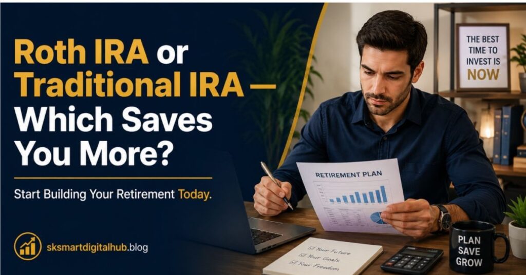 Professional investor reviewing retirement plan documents while comparing Roth IRA vs Traditional IRA for retirement planning, tax benefits, and long-term savings in 2026.