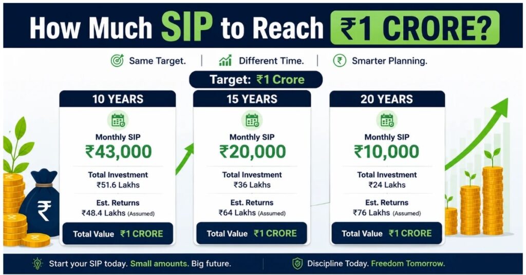 SIP amount needed to build a 1 crore portfolio in 10, 15 and 20 years