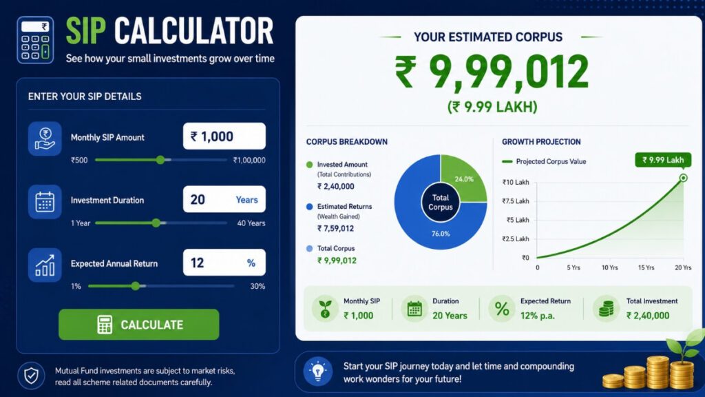SIP calculator showing ₹1000 monthly investment for 20 years with estimated corpus of ₹9.99 lakh