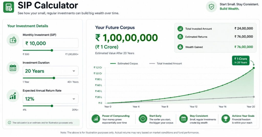 SIP calculator showing ₹10000 monthly investment growing to ₹1 crore in 20 years at 12 percent annual return