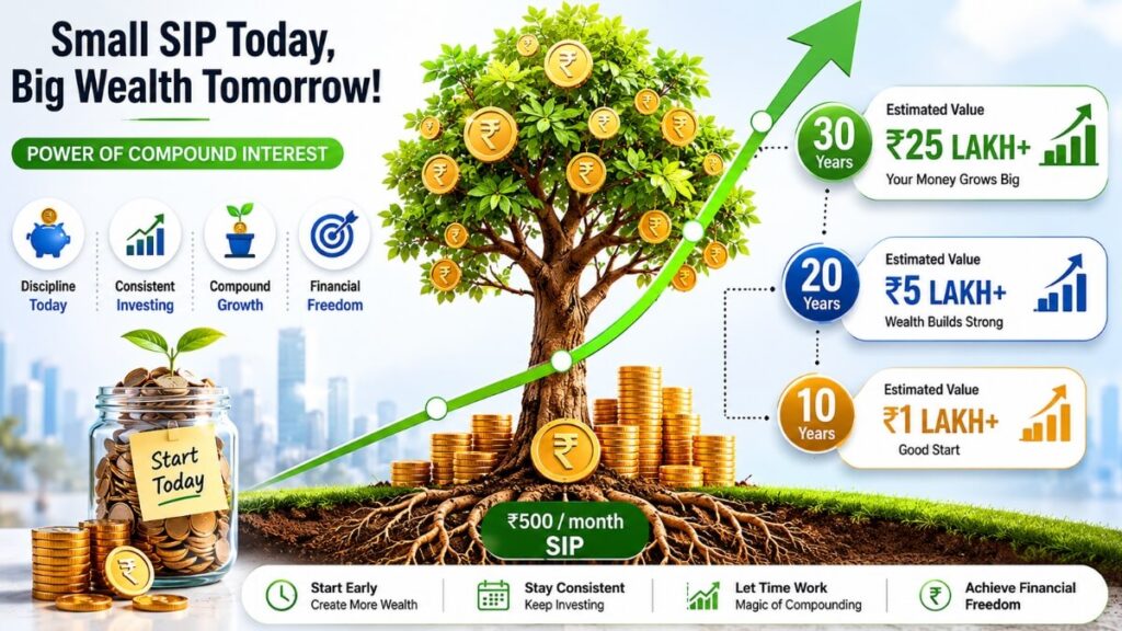 SIP compound interest growth illustration showing wealth creation from ₹500 monthly investment over 30 years