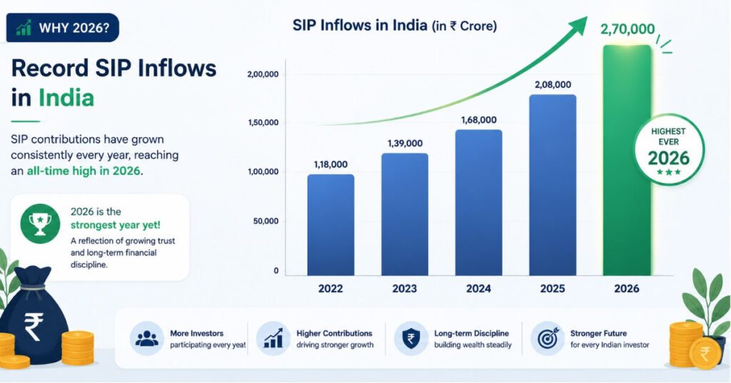 Bar chart showing record SIP inflows in India reaching ₹32087 crore in March 2026