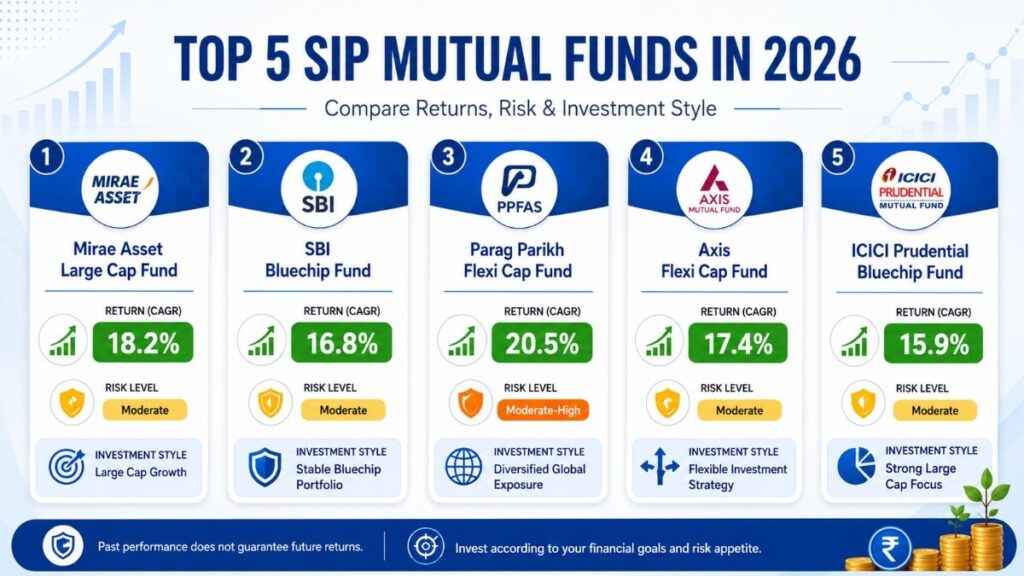 Top 5 SIP mutual funds in India 2026 comparison showing Mirae Asset SBI Bluechip Parag Parikh Axis Flexi Cap and ICICI Prudential funds