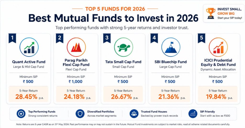 Top 5 SIP mutual funds in India 2026 comparison showing Mirae Asset SBI Bluechip Parag Parikh Axis and ICICI Prudential funds