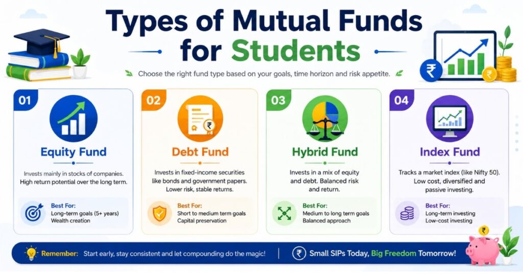 Types of mutual funds for students — equity fund, debt fund, hybrid fund and index fund explained