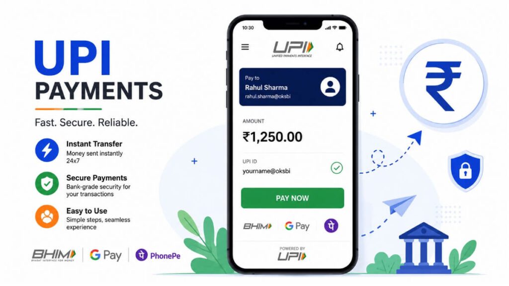 Smartphone displaying UPI payment interface with digital transaction and Indian rupee symbol