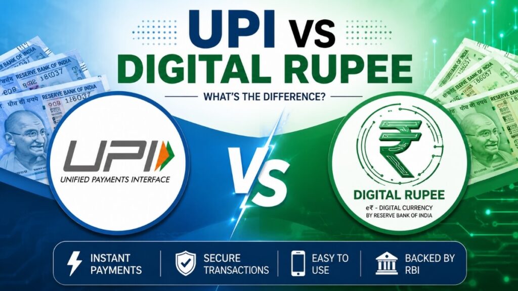 UPI vs Digital Rupee comparison showing key differences between UPI payment system and RBI e-Rupee