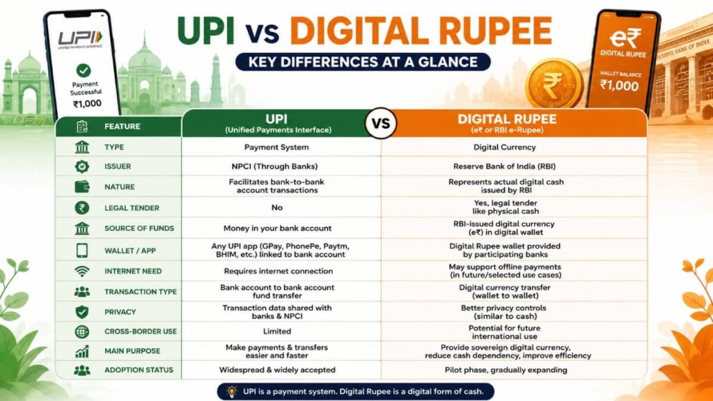 Comparison table showing UPI vs Digital Rupee differences in India