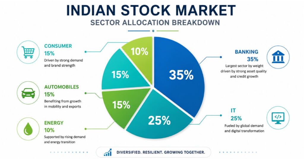 Vanguard India stocks 2026 sector allocation pie chart