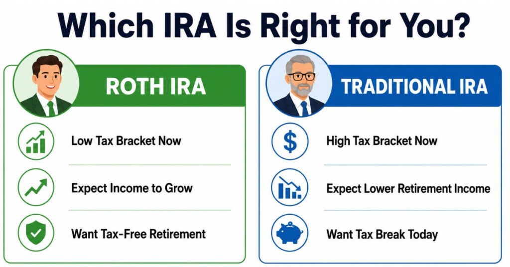 Comparison chart showing who should choose Roth IRA or Traditional IRA based on tax bracket, future income expectations, and retirement planning goals in 2026.