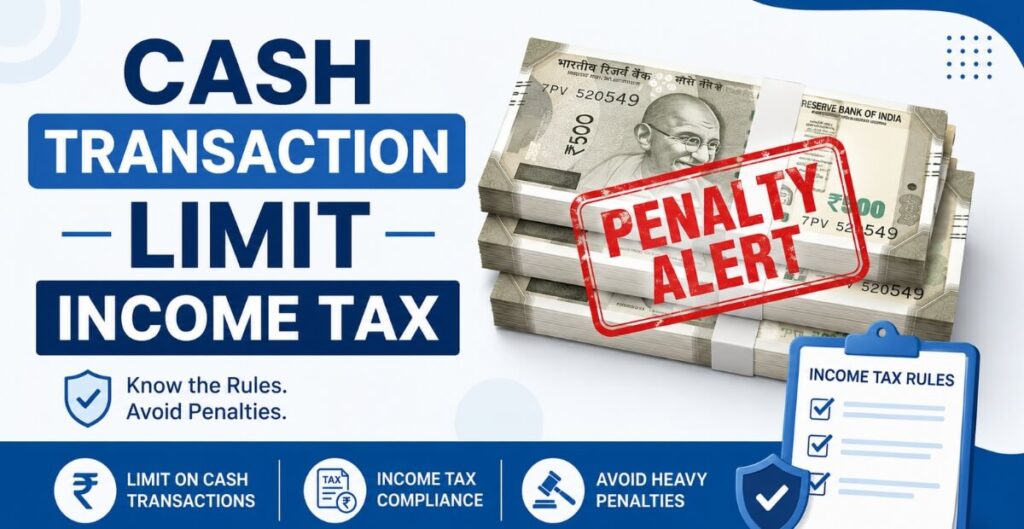 Cash transaction limit income tax rules infographic showing penalty warning
