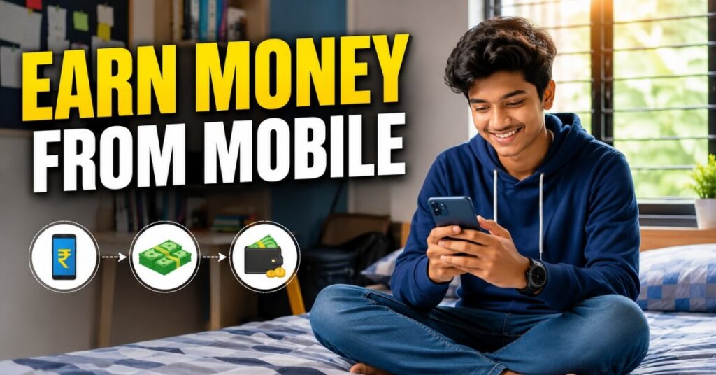 Student using mobile phone to earn money from mobile for students