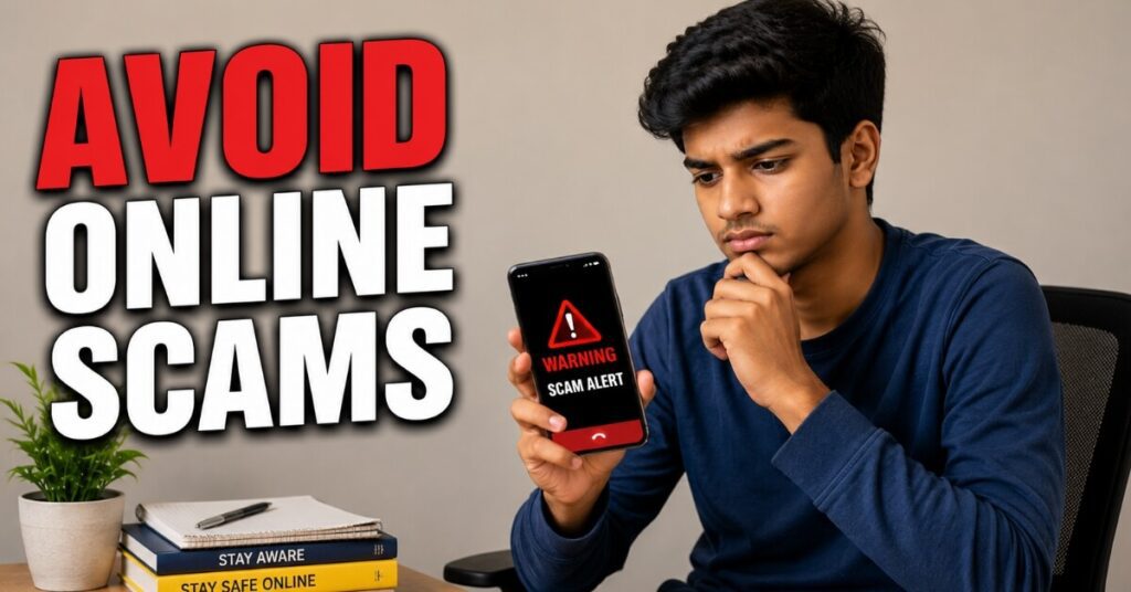 Student staying safe from online earning scams while using mobile apps