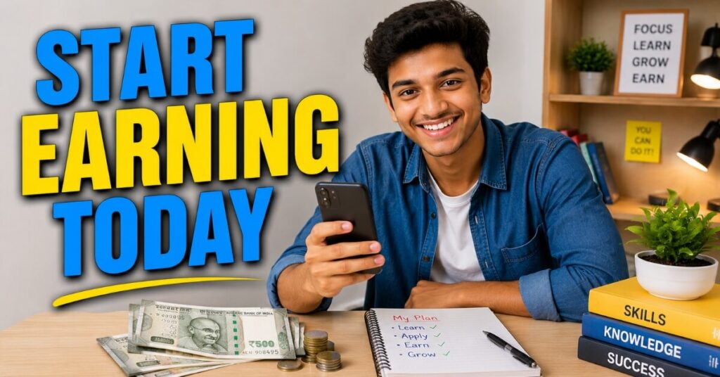 Happy student celebrating first mobile earning success