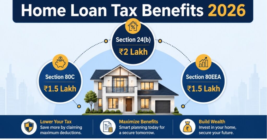Home Loan Tax Benefits infographic showing Section 24b 80C 80EEA deductions