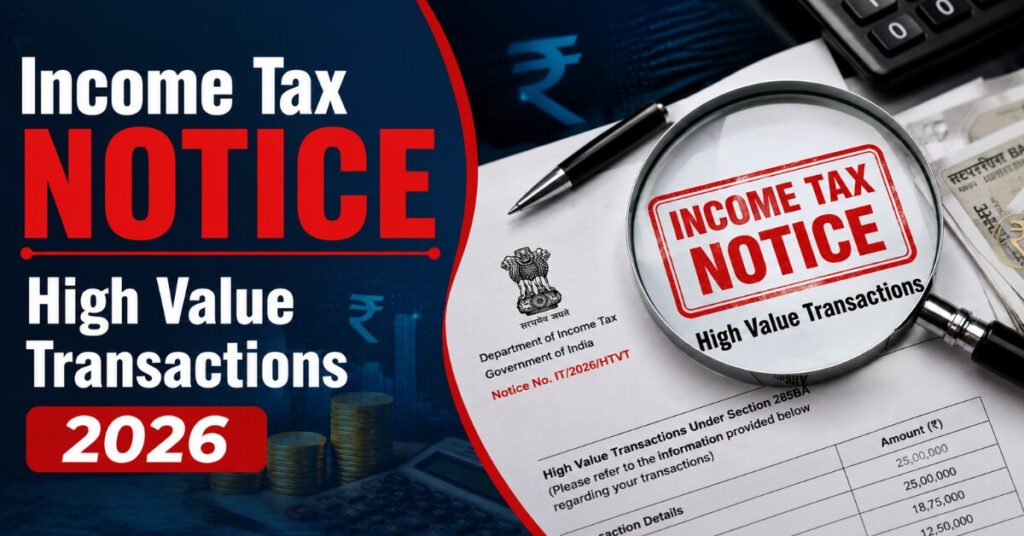 Income Tax Notice High Value Transactions alert document with magnifying glass