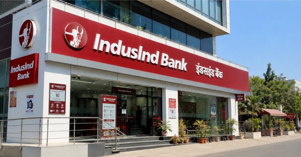 IndusInd Bank branch building with logo signage