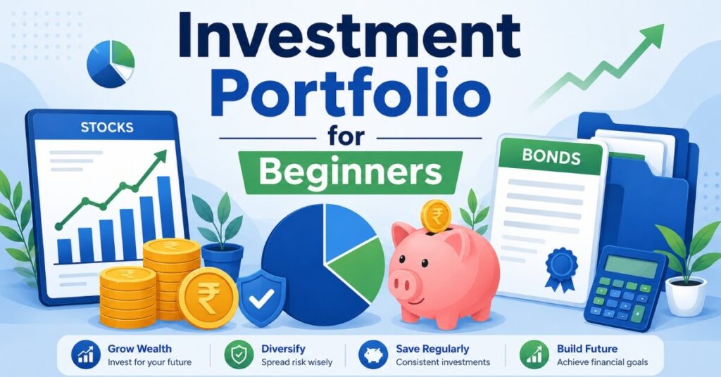 Investment portfolio for beginners guide showing diversified assets