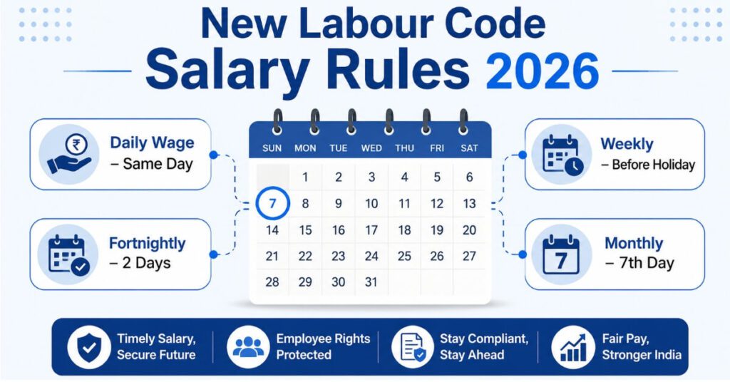 New Labour Code Salary Rules infographic showing 7th day payment deadline