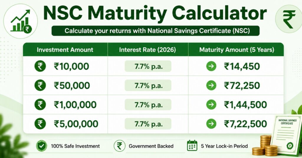 NSC maturity value calculation table for different investment amounts