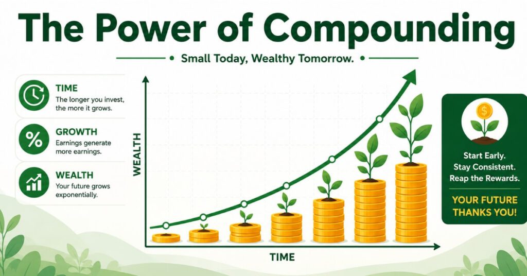 Power of compounding growth in investment portfolio for beginners