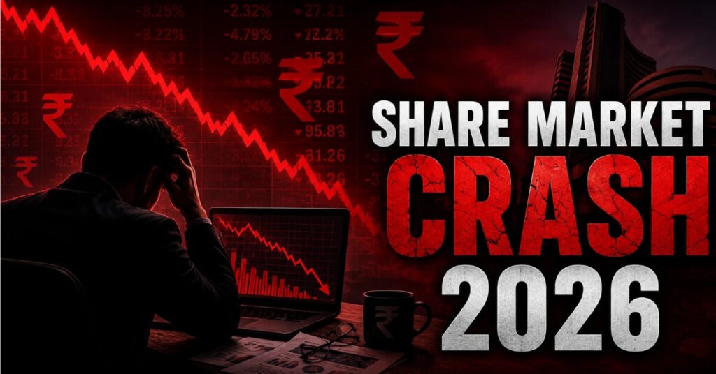 Share market crash 2026 showing Sensex and Nifty falling sharply