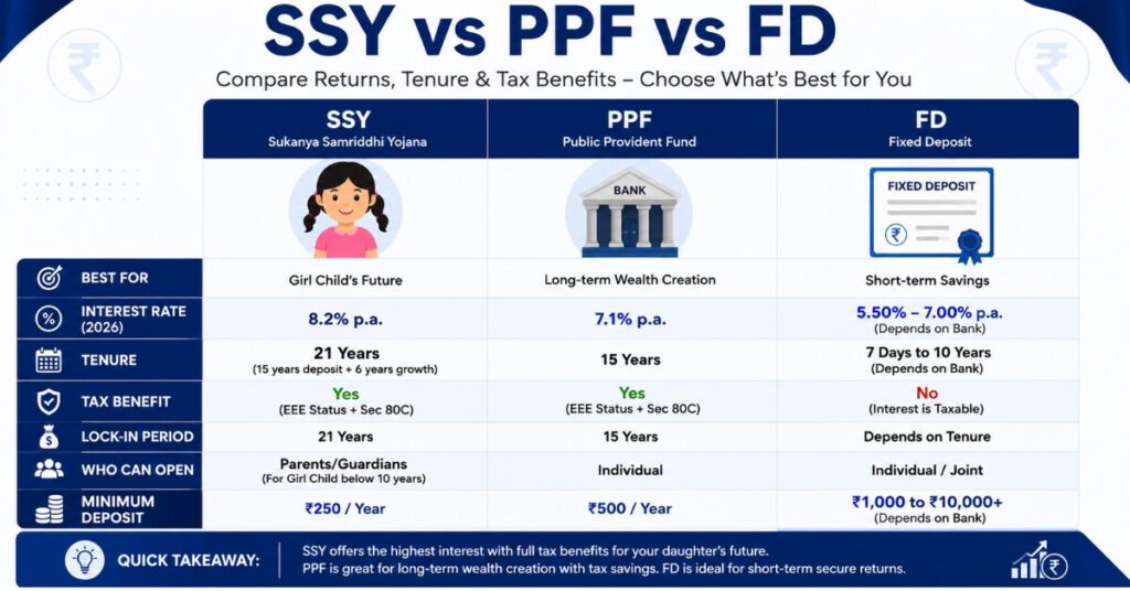 Sukanya Samriddhi Yojana 2026 comparison with PPF and Fixed Deposit