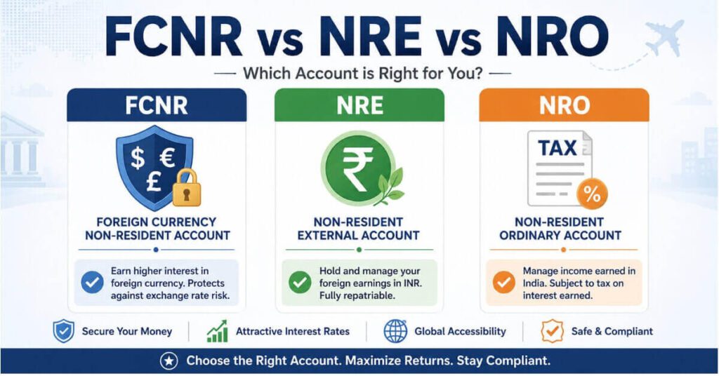 FCNR vs NRE vs NRO account comparison for NRIs