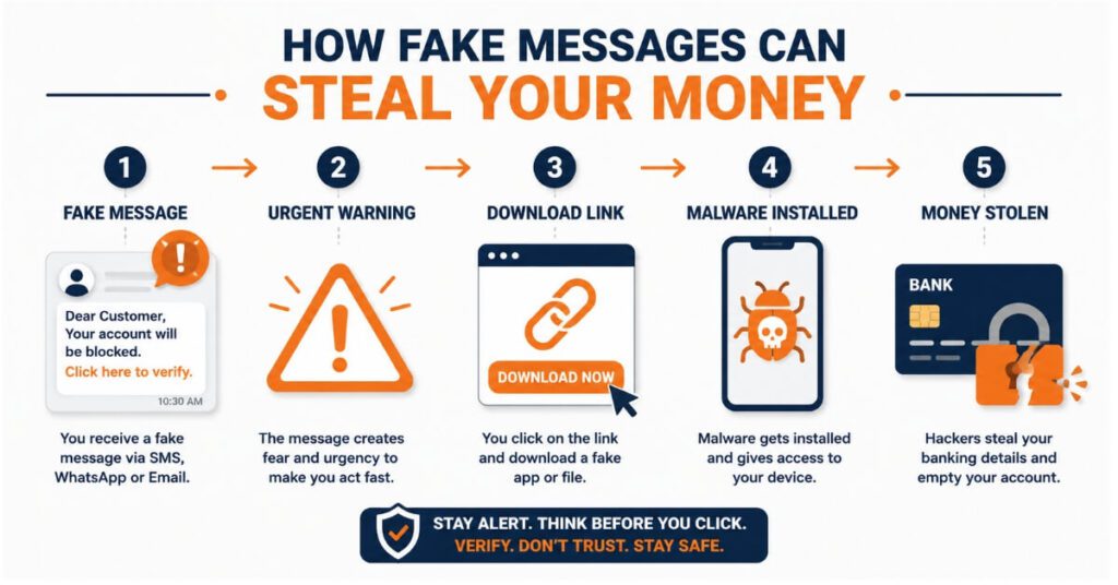 Diagram showing how the fake income tax notice WhatsApp scam works